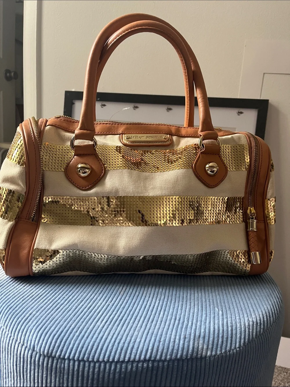 BETSEY JOHNSON Gold Sequin Stripe Satchel Bag with Tan Trim